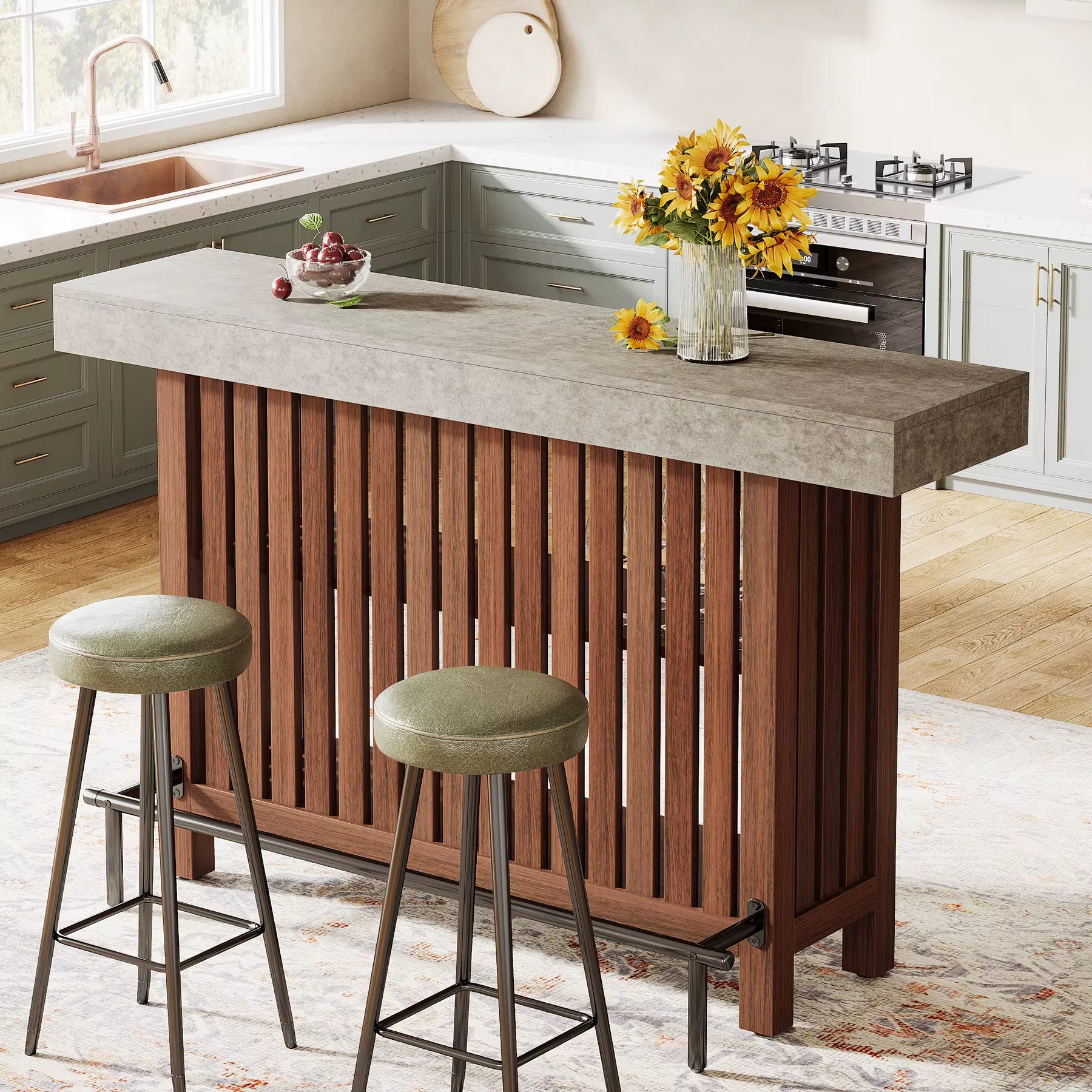 US Local Bar Table with Footrest, 63 Inches Modern Home Bar Unit with 2-Tier Storage, 42" H Counter Height Pub Table For