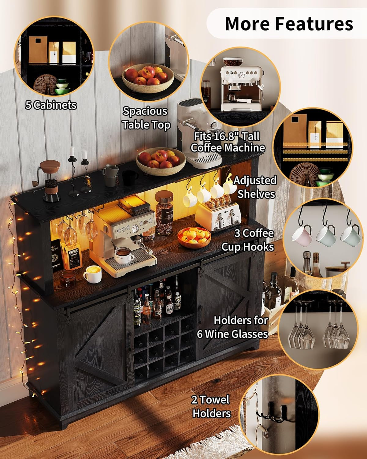 Farmhouse Coffee Bar Cabinet 55" – LED Lighting, Built-In Power Outlet, Sliding Barn Door, Buffet Sideboard with 12-Bottle Wine Rack, Glass Holder, Drawers, Ample Storage, Dining Room, All