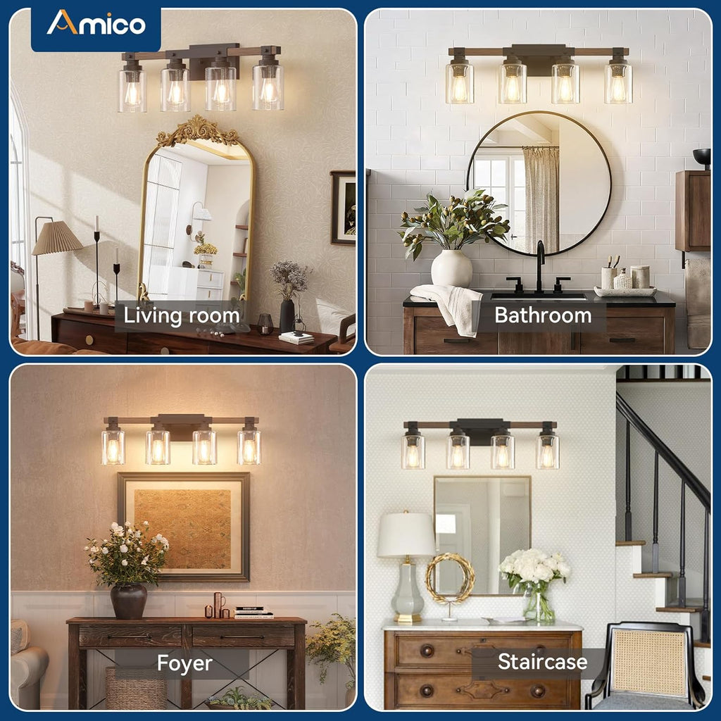 Farmhouse Bathroom Vanity Light Fixtures,Rustic 4-Light Industrial Painted Wood Lights,Vintage Black Wall Sconces Bathroom Vanity Lighting with Bubble Glass Shade