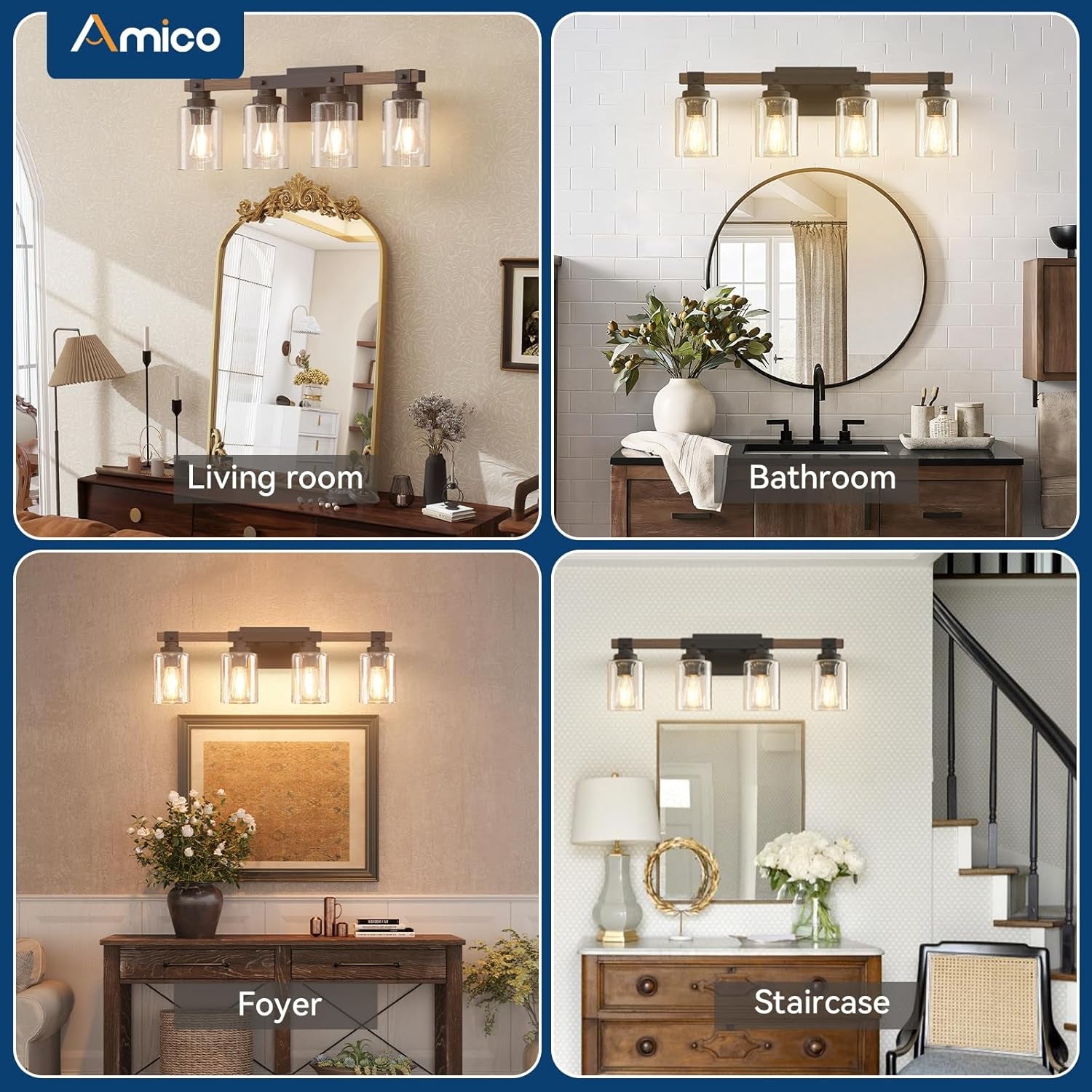 Farmhouse Bathroom Vanity Light Fixtures,Rustic 4-Light Industrial Painted Wood Lights,Vintage Black Wall Sconces Bathroom Vanity Lighting with Bubble Glass Shade