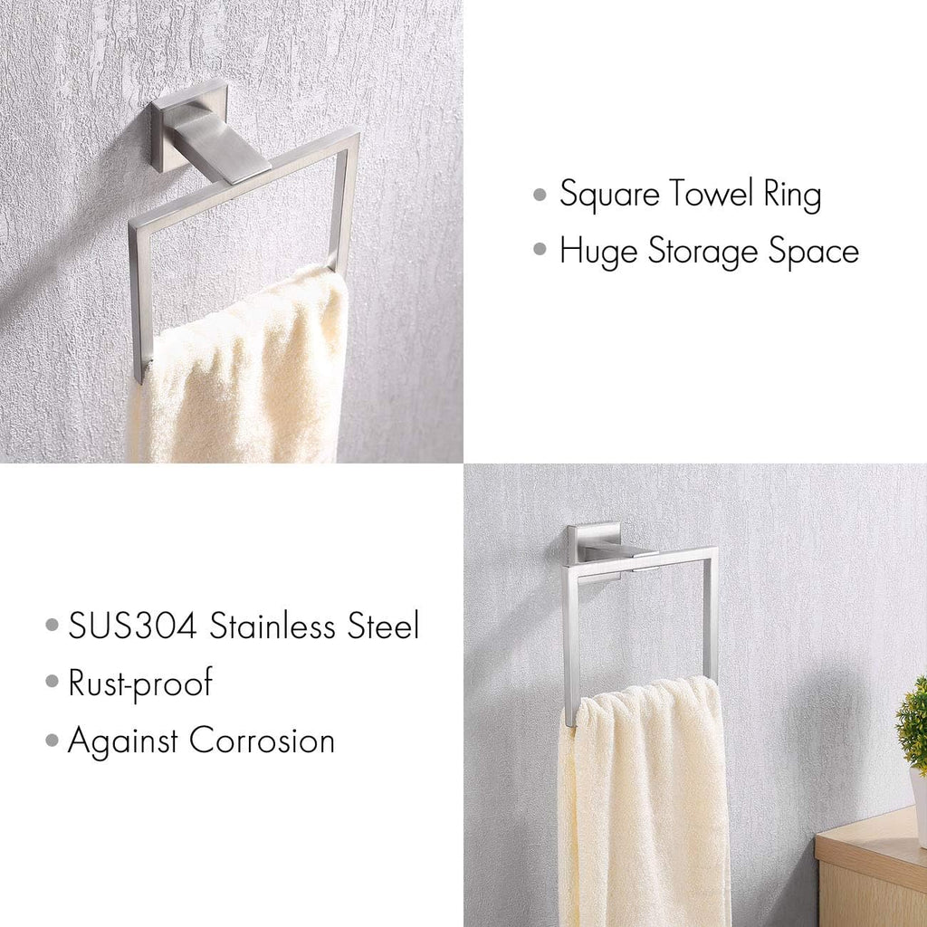 Bath Towel Ring Towel Hanger SUS 304 Stainless Steel Bathroom Accessories Contemporary Hotel Square Style Wall Mount, Brushed Finish, A2480-2