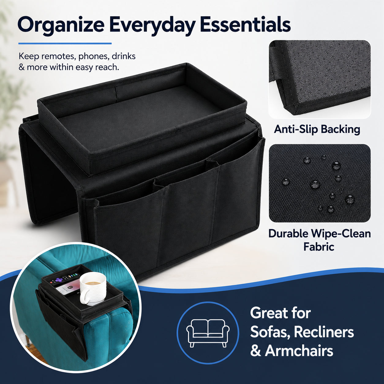 ARMCHAIR Remote Control Holder Sofa Arm Rest Organizer Caddy Table