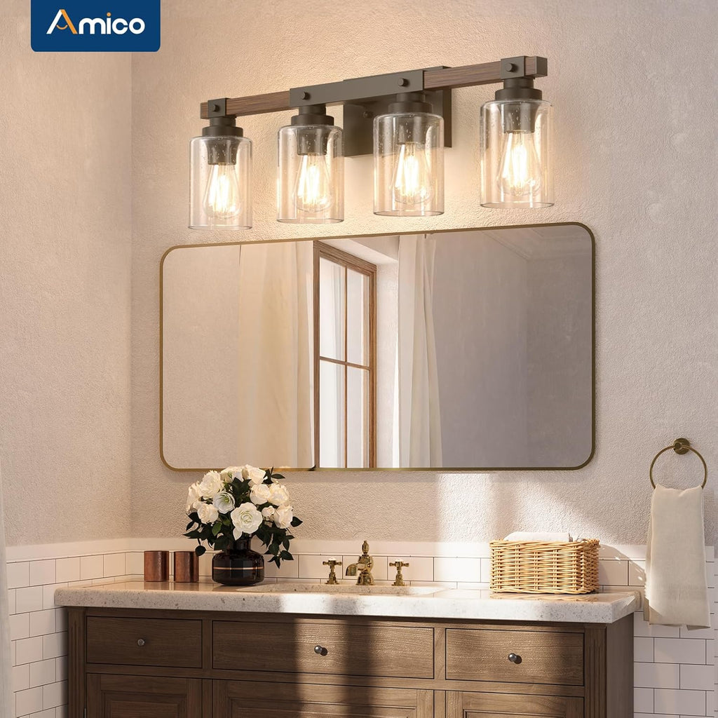 Farmhouse Bathroom Vanity Light Fixtures,Rustic 4-Light Industrial Painted Wood Lights,Vintage Black Wall Sconces Bathroom Vanity Lighting with Bubble Glass Shade