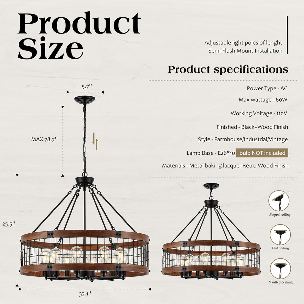 10-Light Farmhouse Drum Wood Pendant Light,32'' Vintage Rustic Brown Oak Wood Chandeliers,Retro Industrial Hanging Light Fixtures for Dining Room Entryway, Bedroom