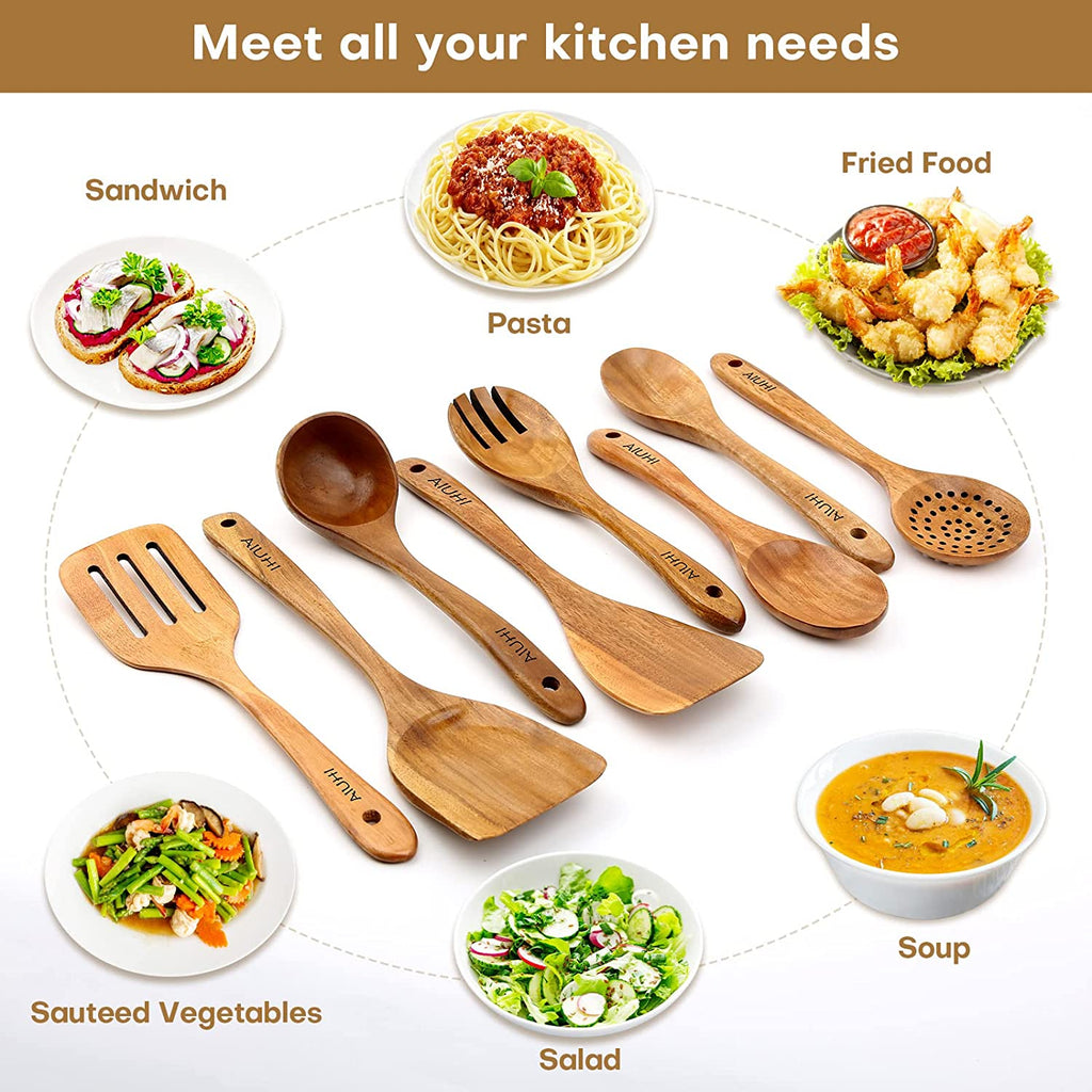 Wood Spoons for Cooking, Nonstick Kitchen Utensil Set, Wooden Spoons Cooking Utensil Set Non Scratch Natural Teak Wooden Utensils for Cooking (Teak 8 Pack)