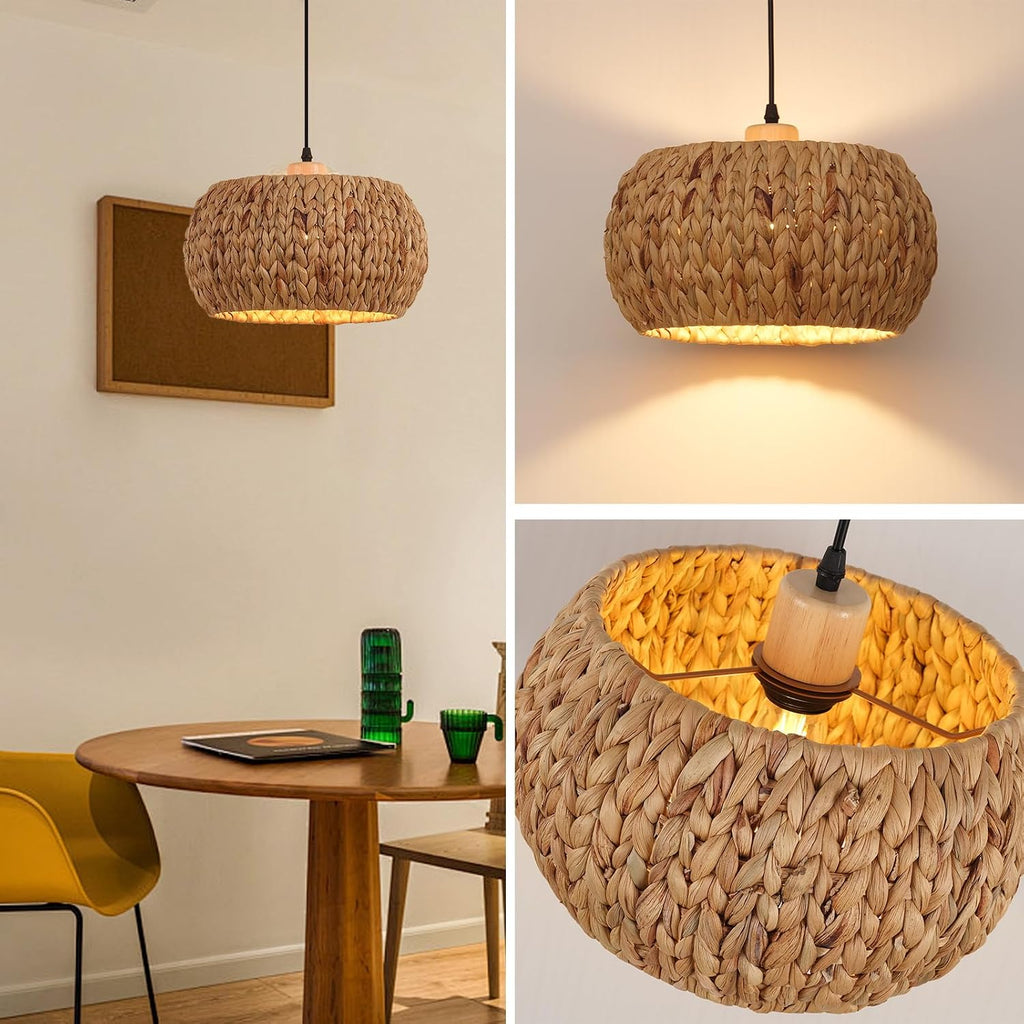 Bohemian Flush Mount Rattan Pendant Light - 10.6 round Handwoven Jute & Wood Ceiling Fixture, Single E26 Bulb Compatible for Bedroom/Kitchen/Farmhouse, Flush Mount Ceiling Ligh