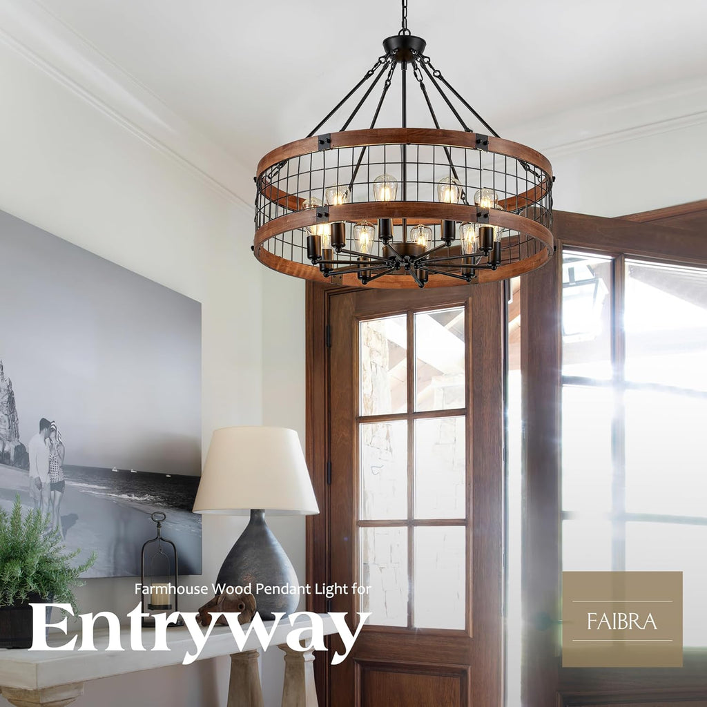 10-Light Farmhouse Drum Wood Pendant Light,32'' Vintage Rustic Brown Oak Wood Chandeliers,Retro Industrial Hanging Light Fixtures for Dining Room Entryway, Bedroom