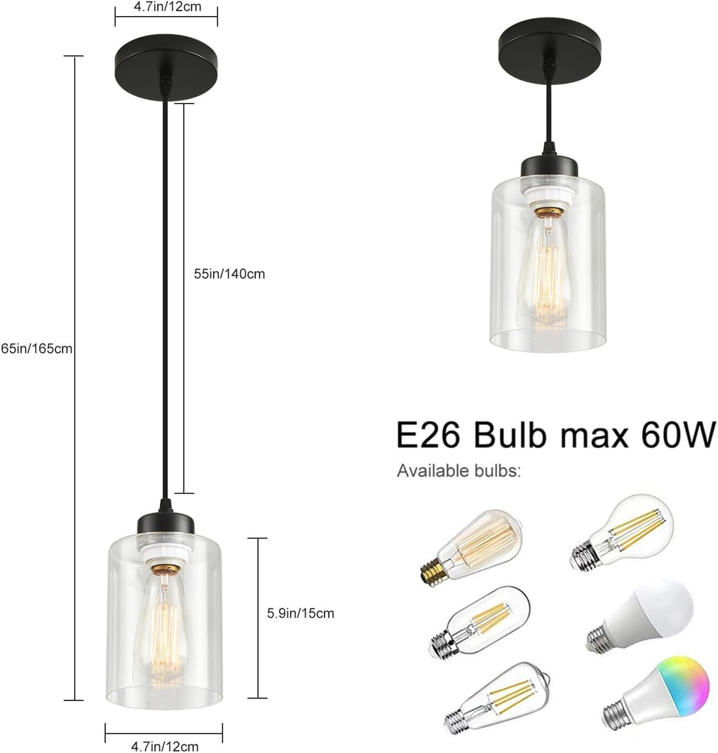 Modern Black Farmhouse Pendant Light with Glass Shade,Industrial Pendant Lighting, Adjustable Hanging Light Fixtures, Farmhouse Pendant Lighting