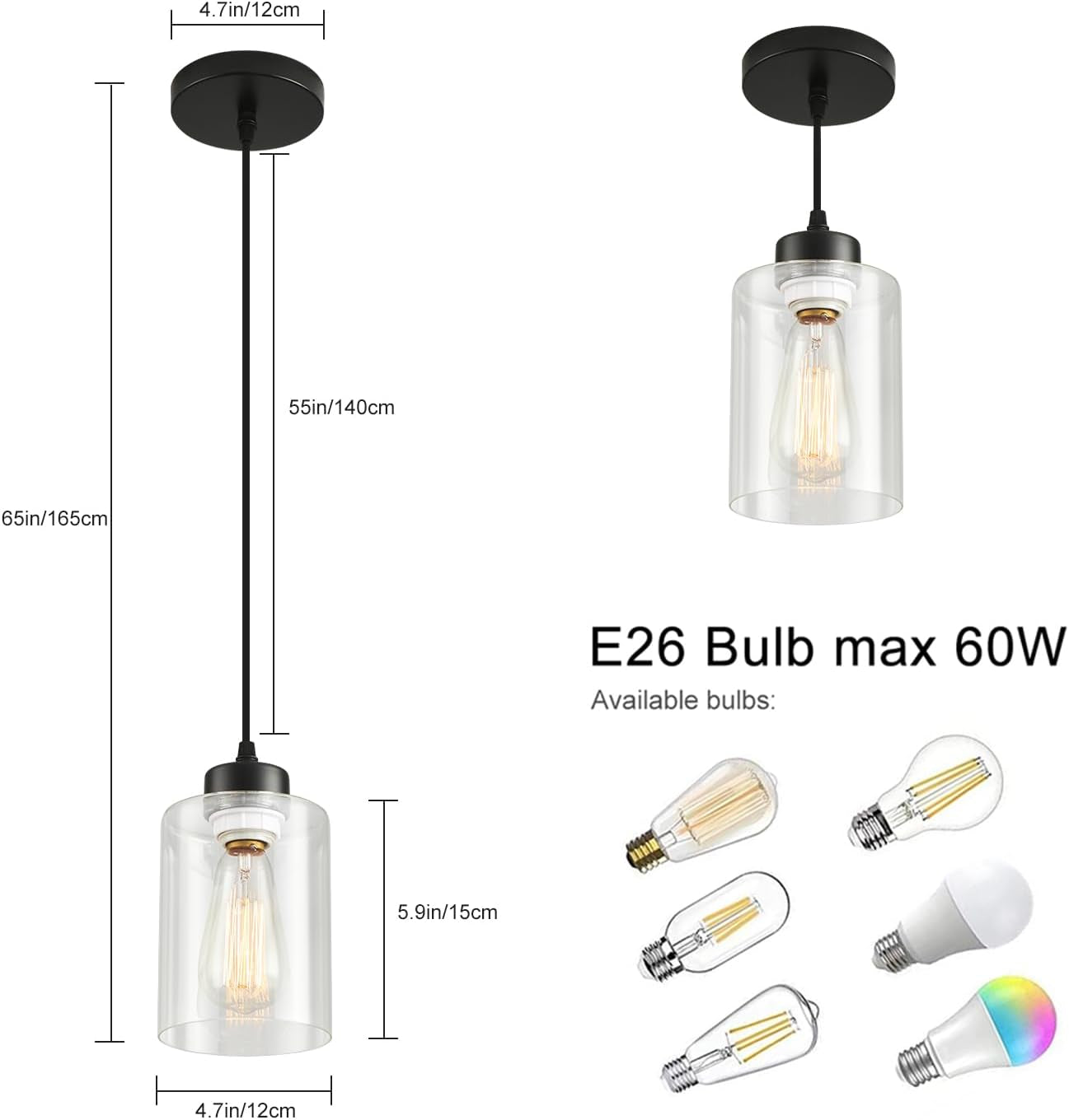 Modern Black Farmhouse Pendant Light with Glass Shade,Industrial Pendant Lighting, Adjustable Hanging Light Fixtures, Farmhouse Pendant Lighting