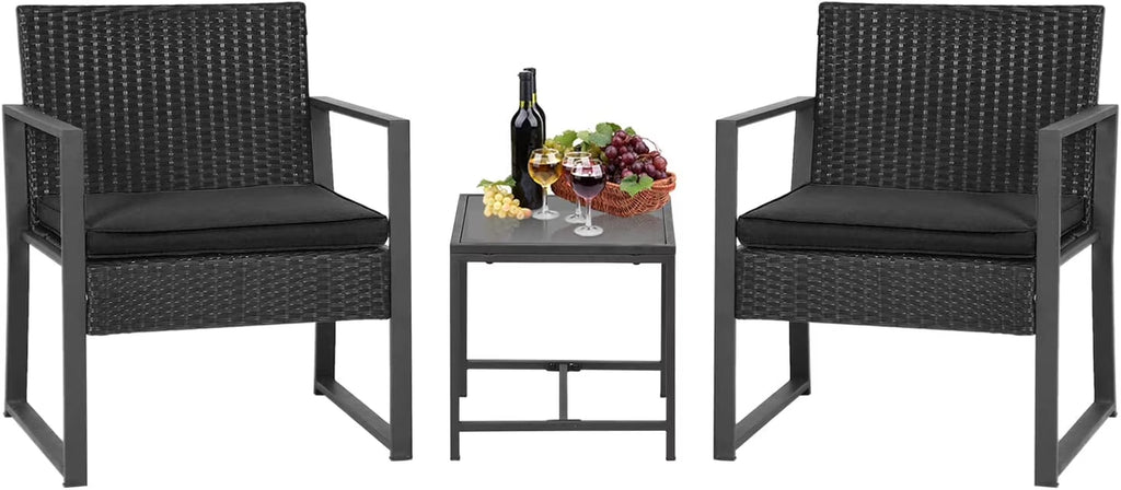 3 Piece Patio Furniture Sets Wicker Patio Chairs Rattan Outdoor Bistro Set Outdoor Furniture for Backyard Porch Poolside Lawn,Black Cushion