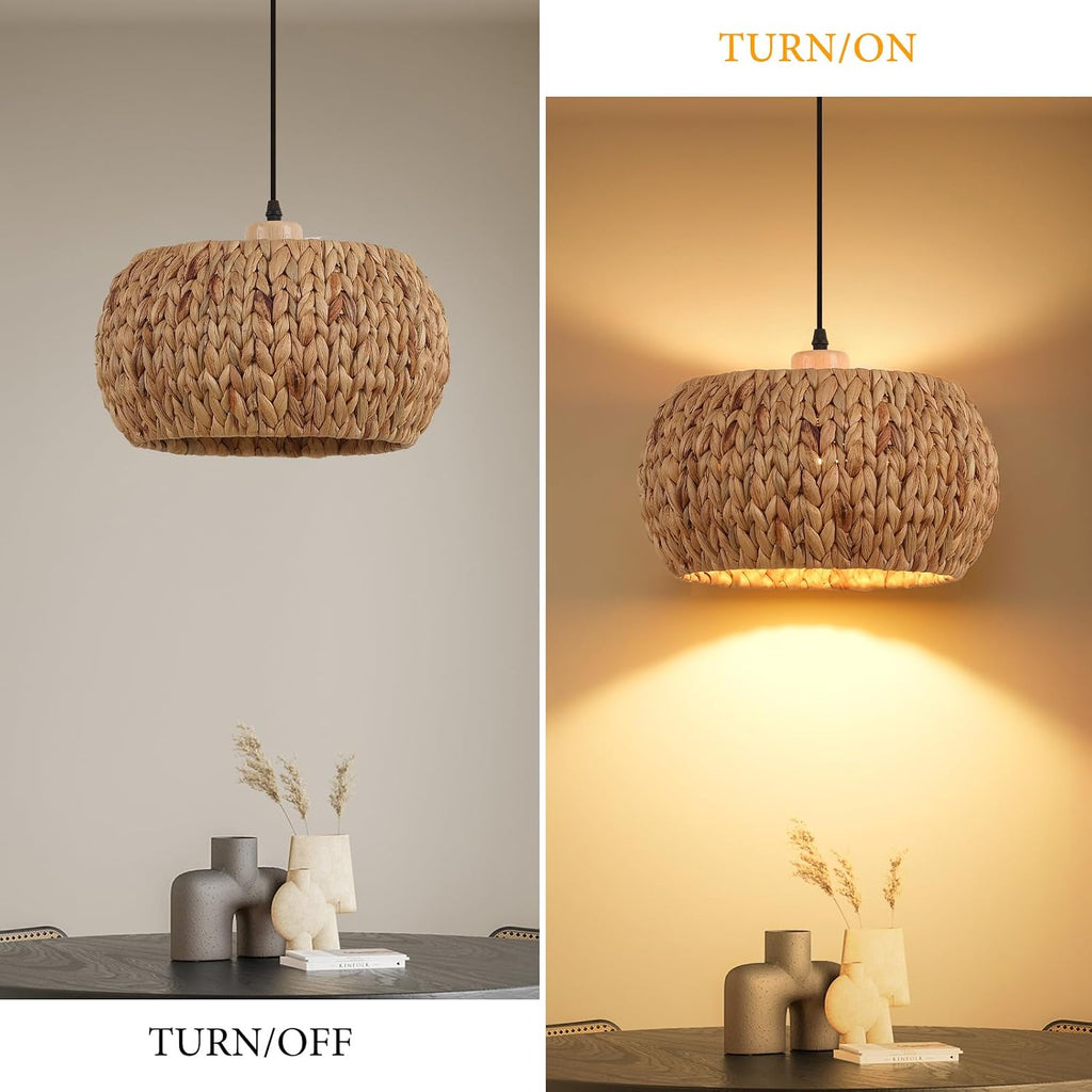 Bohemian Flush Mount Rattan Pendant Light - 10.6 round Handwoven Jute & Wood Ceiling Fixture, Single E26 Bulb Compatible for Bedroom/Kitchen/Farmhouse, Flush Mount Ceiling Ligh