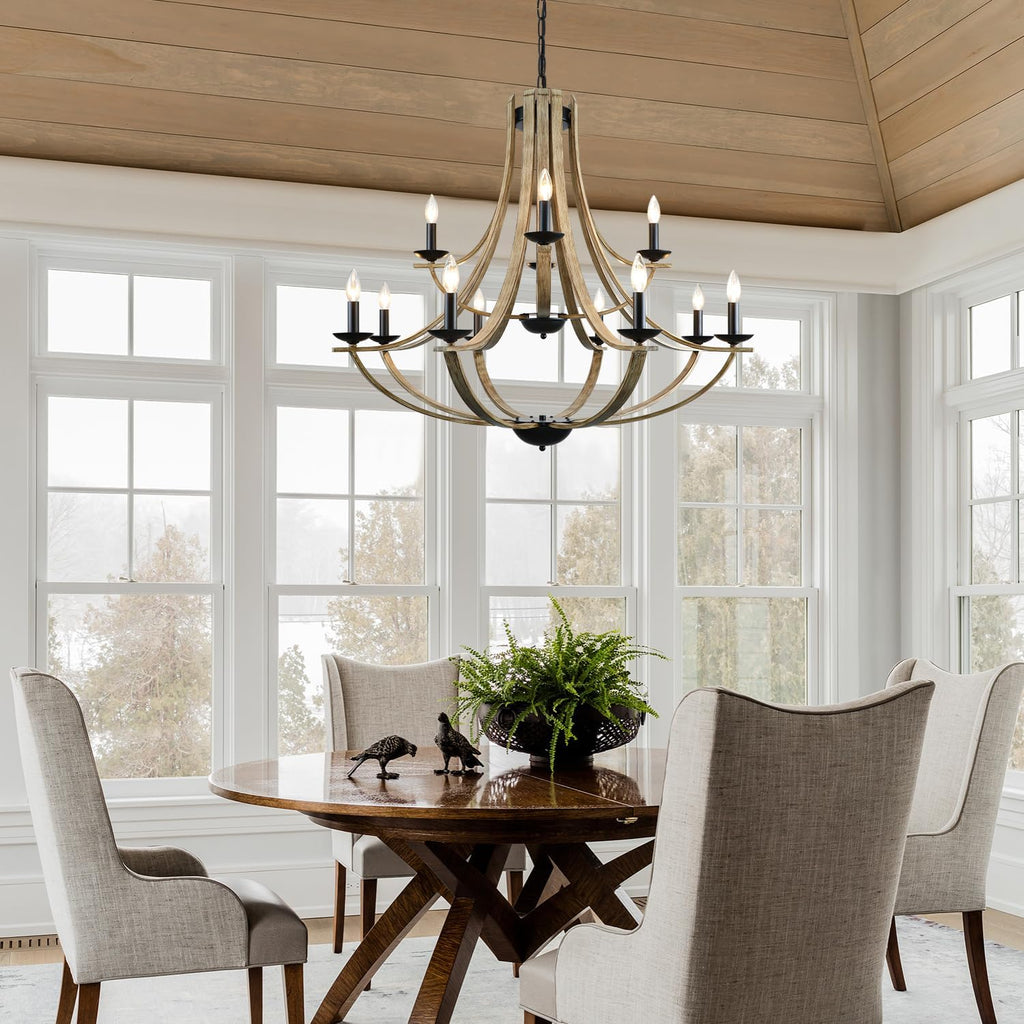 Farmhouse Chandeliers for Dining Room Light Fixture, 2 Tier 12-Light 41" Adjustable Height Retro Faux Wood Texture Rustic Light Fixtures for Living Room Bedroom Kitchen Island Foyer Entryway