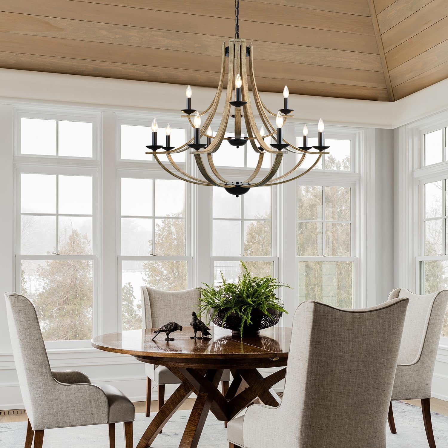 Farmhouse Chandeliers for Dining Room Light Fixture, 2 Tier 12-Light 41" Adjustable Height Retro Faux Wood Texture Rustic Light Fixtures for Living Room Bedroom Kitchen Island Foyer Entryway