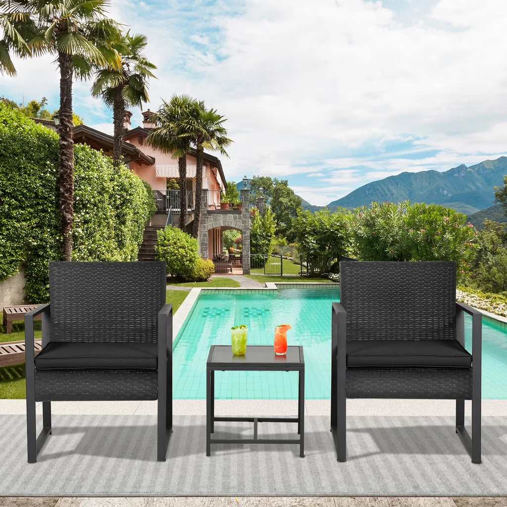 3 Piece Patio Furniture Sets Wicker Patio Chairs Rattan Outdoor Bistro Set Outdoor Furniture for Backyard Porch Poolside Lawn,Black Cushion