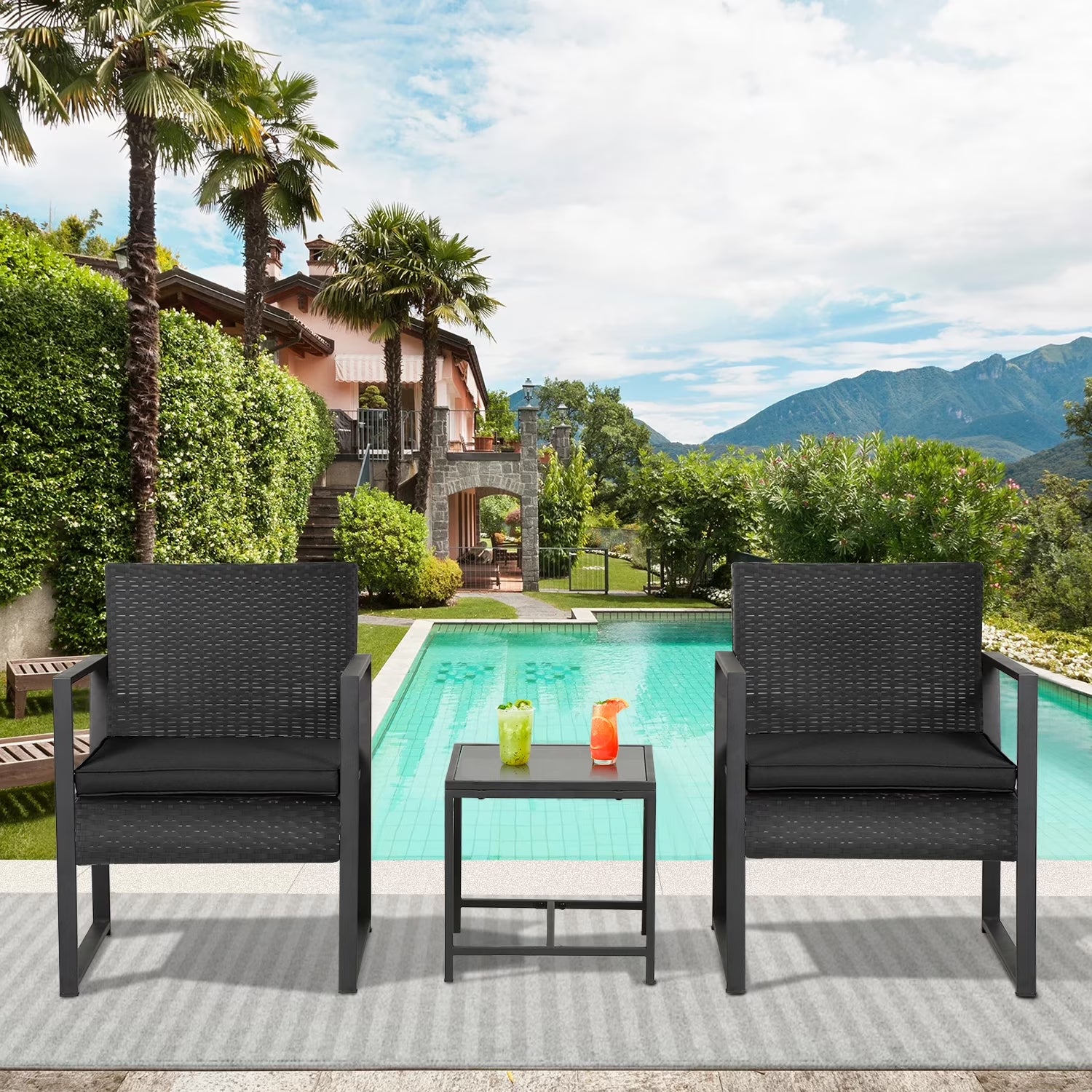 3 Piece Patio Furniture Sets Wicker Patio Chairs Rattan Outdoor Bistro Set Outdoor Furniture for Backyard Porch Poolside Lawn,Black Cushion