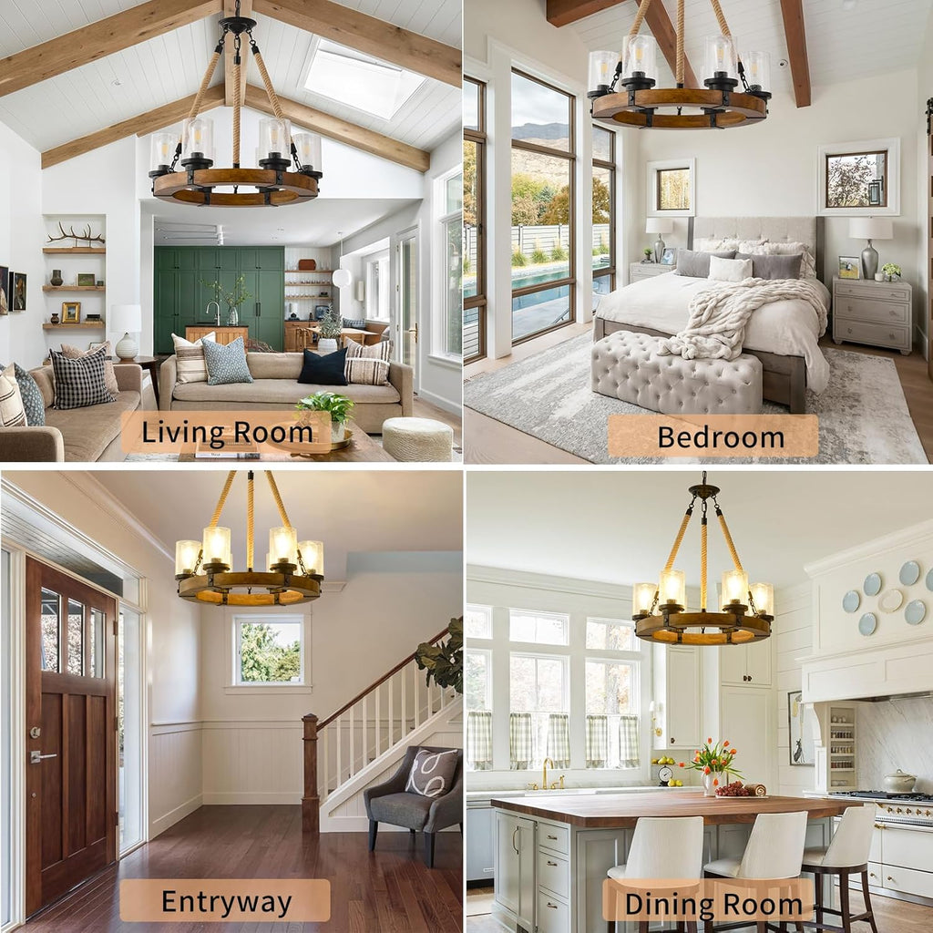 Rustic Wagon Wheel Chandelier 6Light Farmhouse Wood Chandelier with Seeded Glass Shade, Rustic round Wood Pendant Light Fixtures for Dining Room Kitchen Island Foyer Entryway
