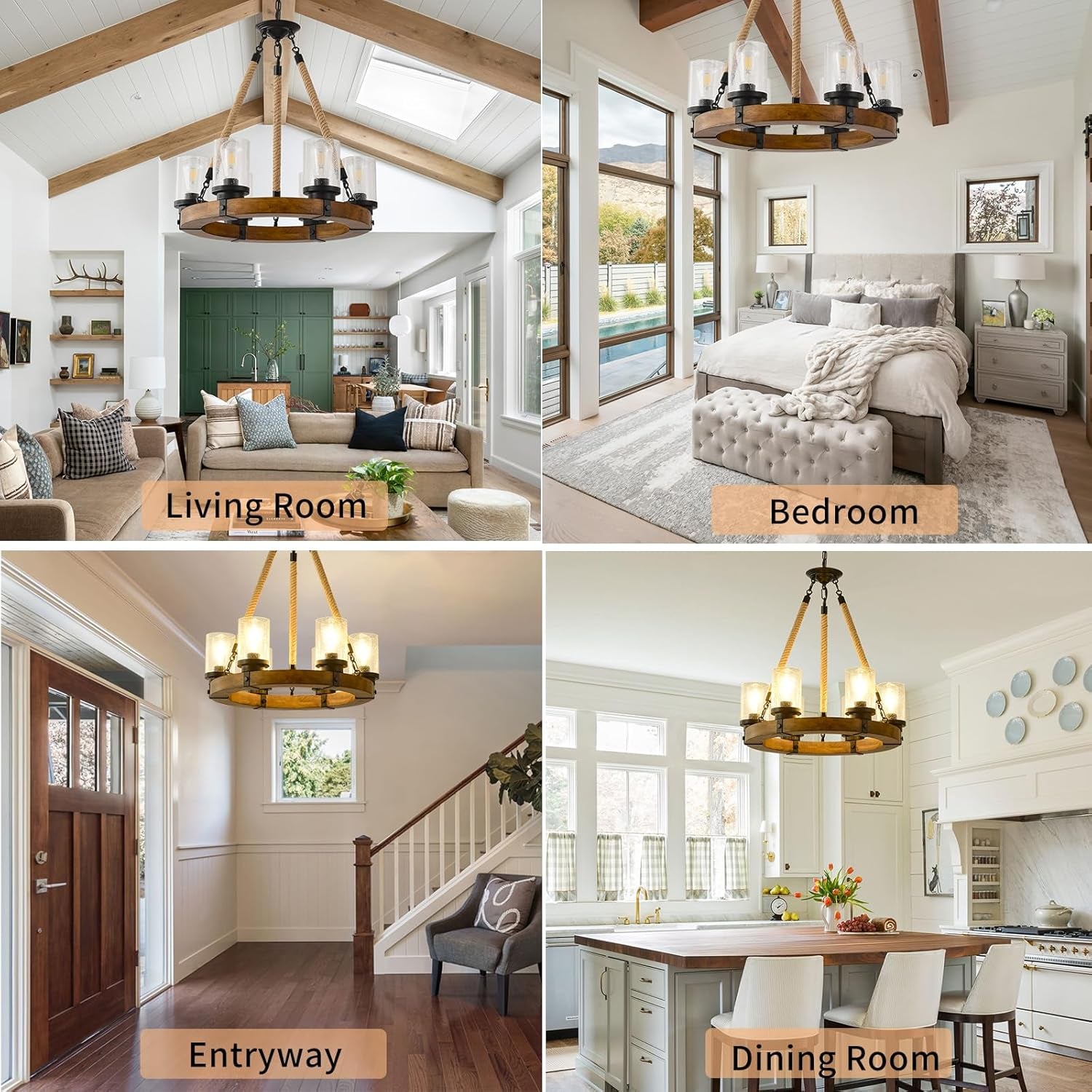 Rustic Wagon Wheel Chandelier 6Light Farmhouse Wood Chandelier with Seeded Glass Shade, Rustic round Wood Pendant Light Fixtures for Dining Room Kitchen Island Foyer Entryway
