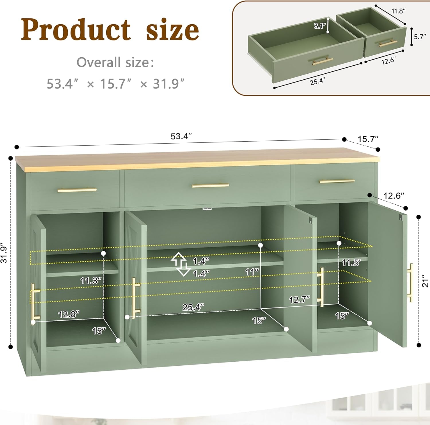Buffet Cabinet with Storage, Farmhouse Coffee Bar Table with Drawers, 53” Large Modern Sideboard Buffet with Adjustable Shelves, Wood Buffet Table for Kitchen, Dining Room, Green
