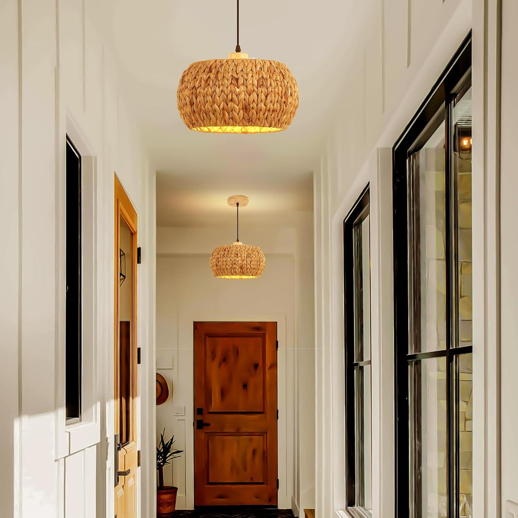 Bohemian Flush Mount Rattan Pendant Light - 10.6 round Handwoven Jute & Wood Ceiling Fixture, Single E26 Bulb Compatible for Bedroom/Kitchen/Farmhouse, Flush Mount Ceiling Ligh