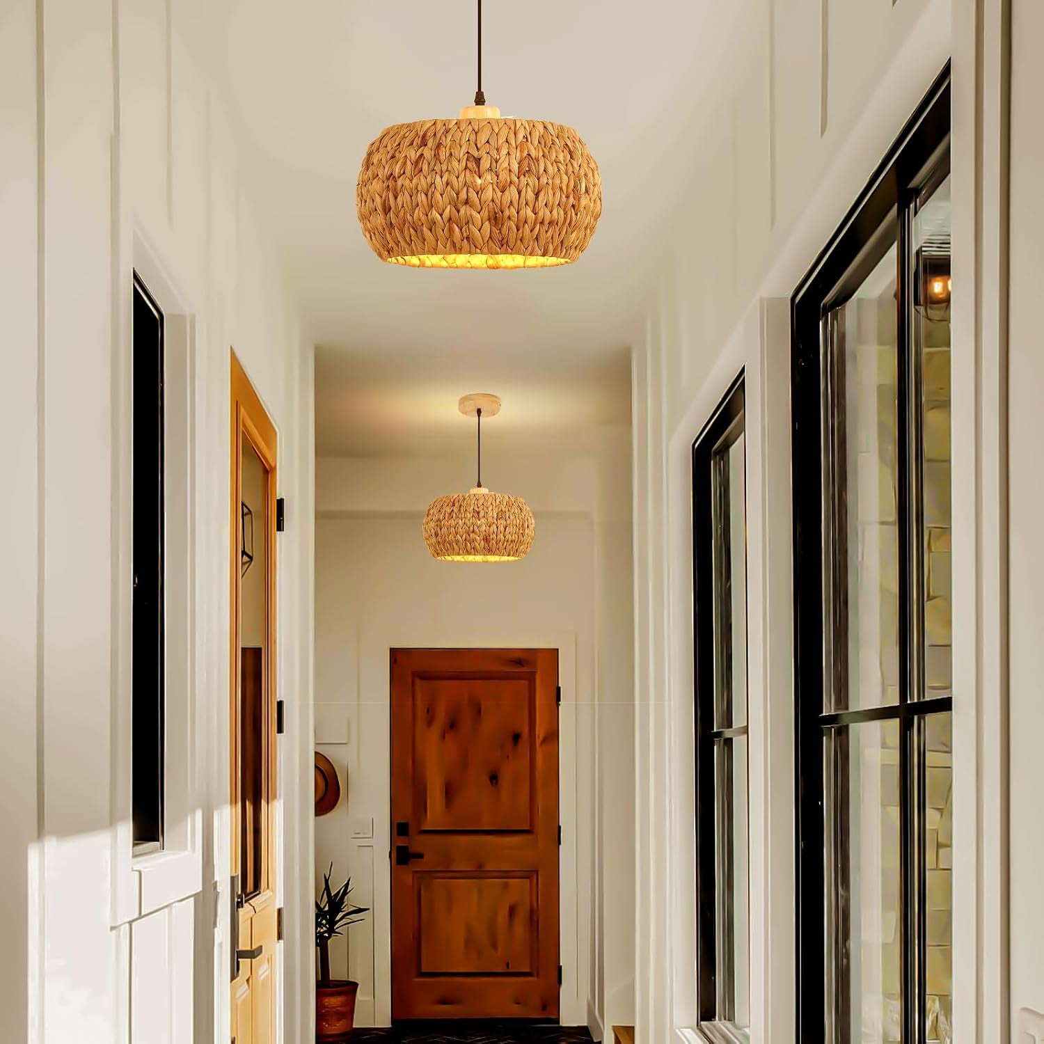 Bohemian Flush Mount Rattan Pendant Light - 10.6 round Handwoven Jute & Wood Ceiling Fixture, Single E26 Bulb Compatible for Bedroom/Kitchen/Farmhouse, Flush Mount Ceiling Ligh