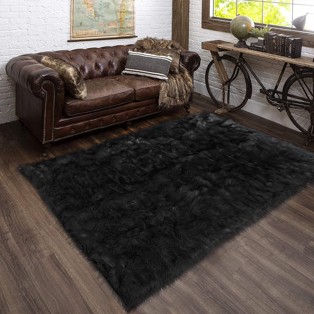 5X8 Sheepskin Rug, Faux Fur Sheepskin Rug for Living Room, Fluffy Washable Rug for Bedroom, Nursery, Luxury Room Decor, Black Fluffy Rug, Rectangle