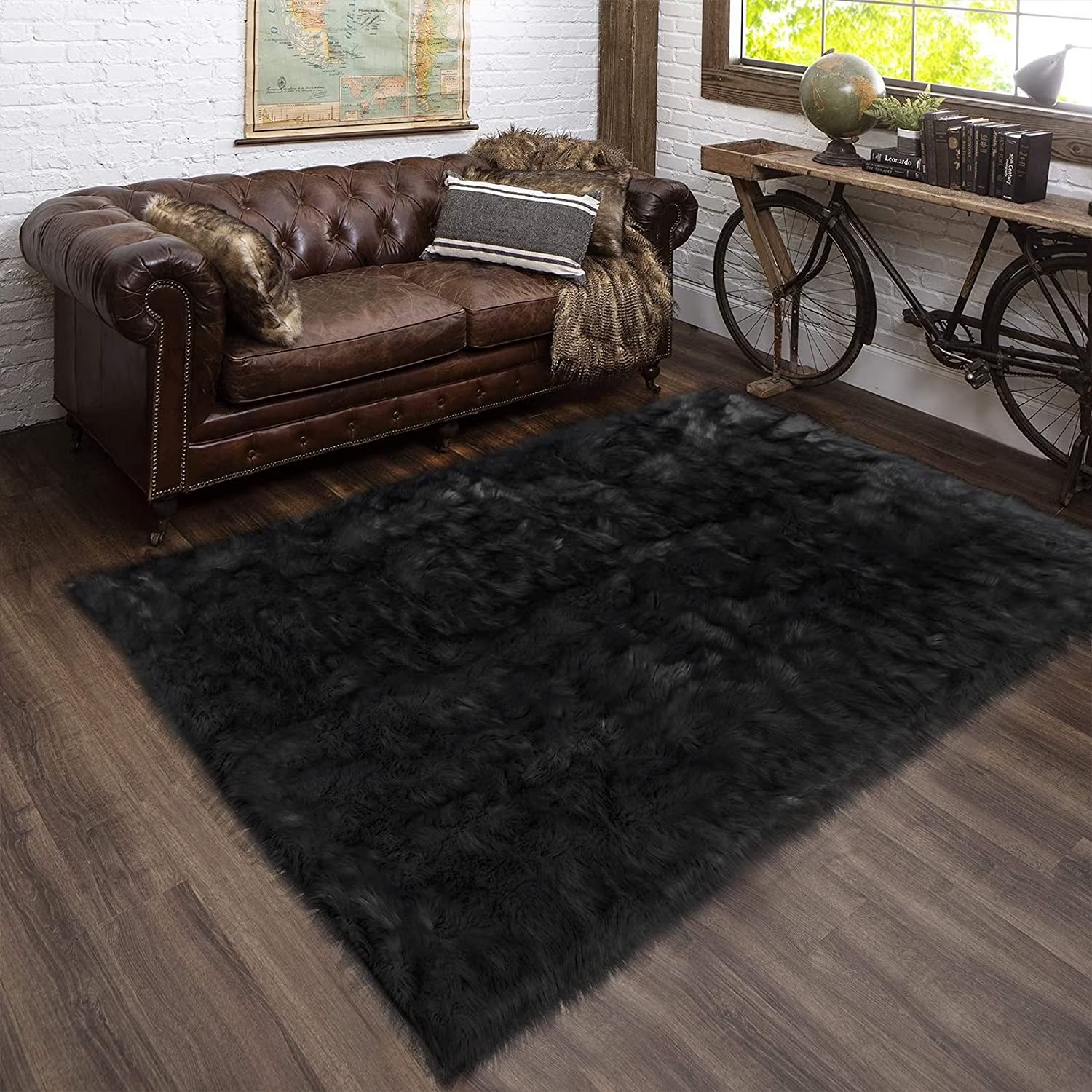5X8 Sheepskin Rug, Faux Fur Sheepskin Rug for Living Room, Fluffy Washable Rug for Bedroom, Nursery, Luxury Room Decor, Black Fluffy Rug, Rectangle
