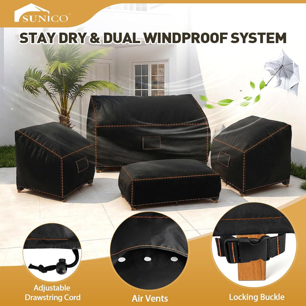 Patio Furniture Set Covers, 4 Piece Patio Covers for Outdoor Furniture Waterproof, 420D Outdoor Furniture Cover, UV Fade Protection, Tear-Resistant, Black
