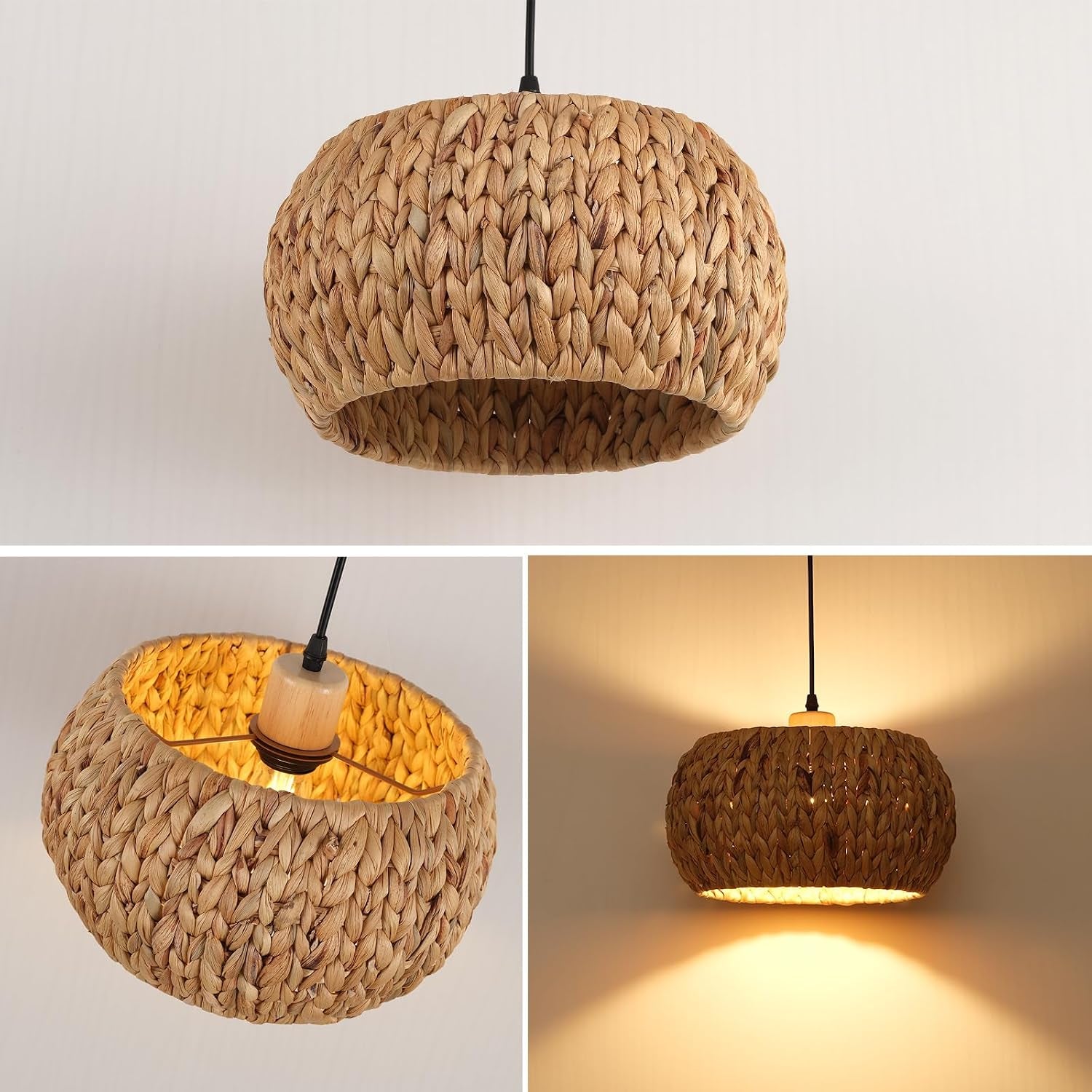 Bohemian Flush Mount Rattan Pendant Light - 10.6 round Handwoven Jute & Wood Ceiling Fixture, Single E26 Bulb Compatible for Bedroom/Kitchen/Farmhouse, Flush Mount Ceiling Ligh