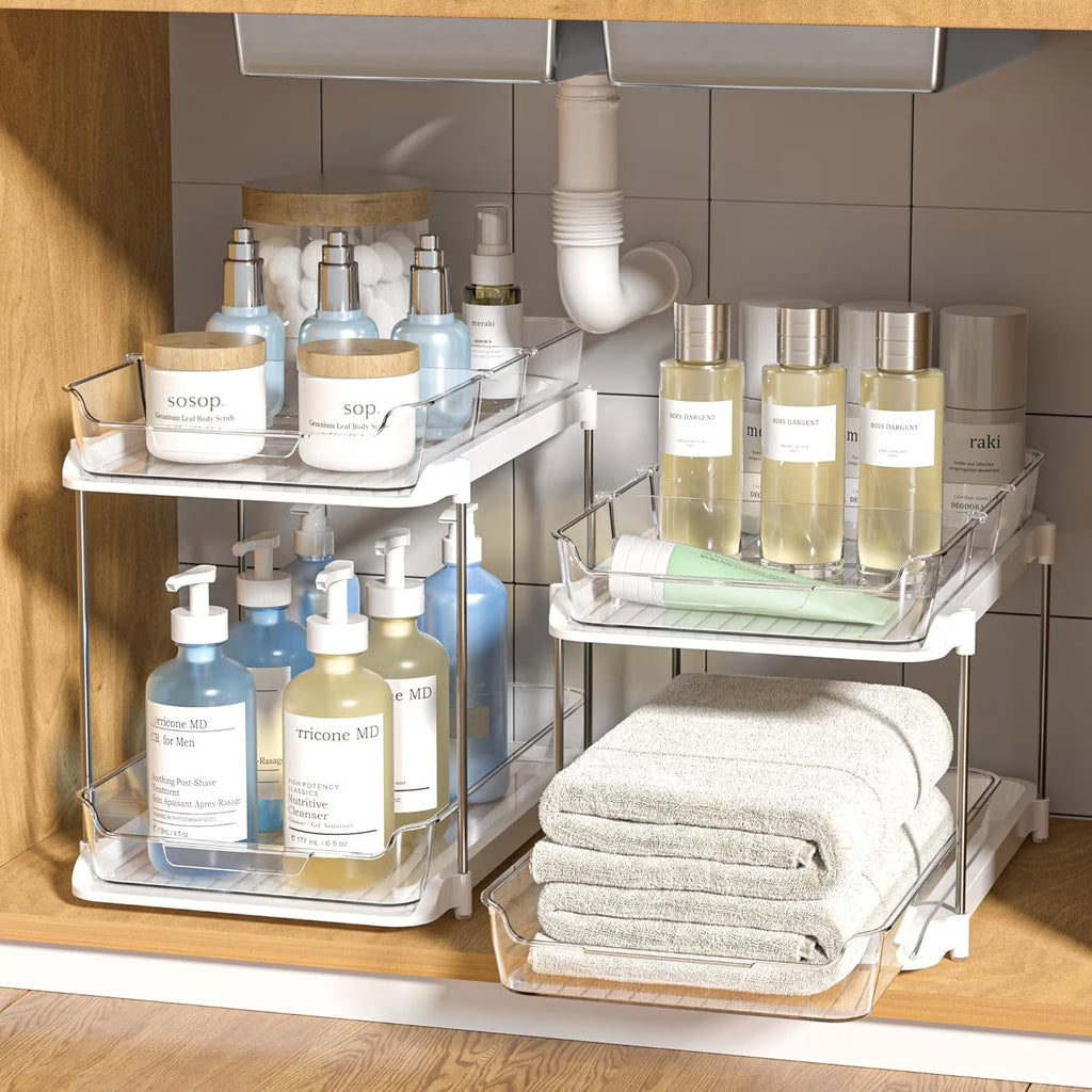 2 Pack Set under Sink Organizers and Storage, 2 Tier Sliding Bathroom Sink Organizer, Multi-Use under Kitchen Cabinet Storage Shelf (S&L), Transparent