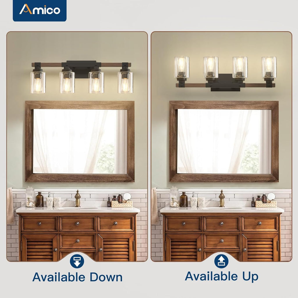 Farmhouse Bathroom Vanity Light Fixtures,Rustic 4-Light Industrial Painted Wood Lights,Vintage Black Wall Sconces Bathroom Vanity Lighting with Bubble Glass Shade