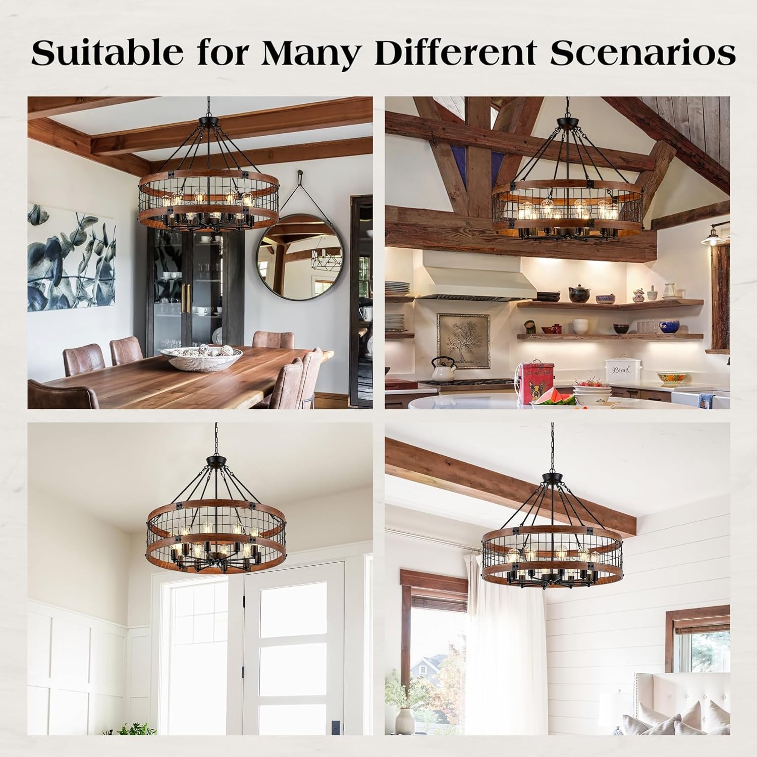 10-Light Farmhouse Drum Wood Pendant Light,32'' Vintage Rustic Brown Oak Wood Chandeliers,Retro Industrial Hanging Light Fixtures for Dining Room Entryway, Bedroom