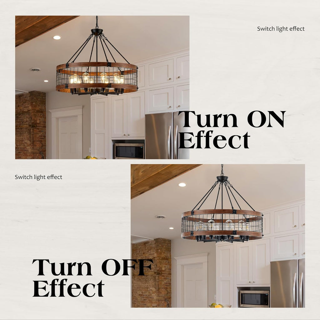 10-Light Farmhouse Drum Wood Pendant Light,32'' Vintage Rustic Brown Oak Wood Chandeliers,Retro Industrial Hanging Light Fixtures for Dining Room Entryway, Bedroom