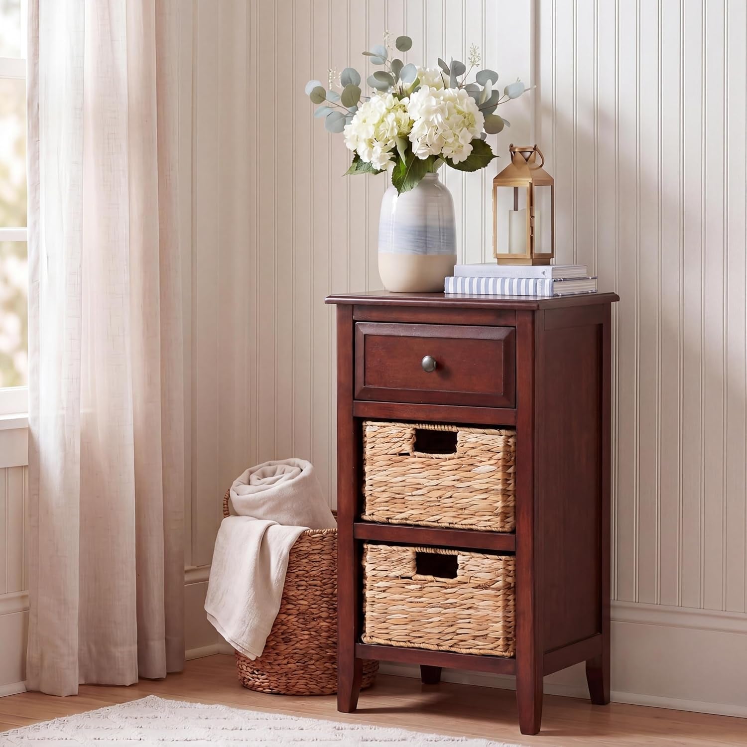 SAFAVIEH Furniture - Everly 1-Drawer Side Table - Cherry - Solid Wood - Coastal Basket Storage Design - Ideal for Living Room, Entryway, Home Office, 15"W X 12"D X 27.5"H - Fully Assembled (AMH5743C)