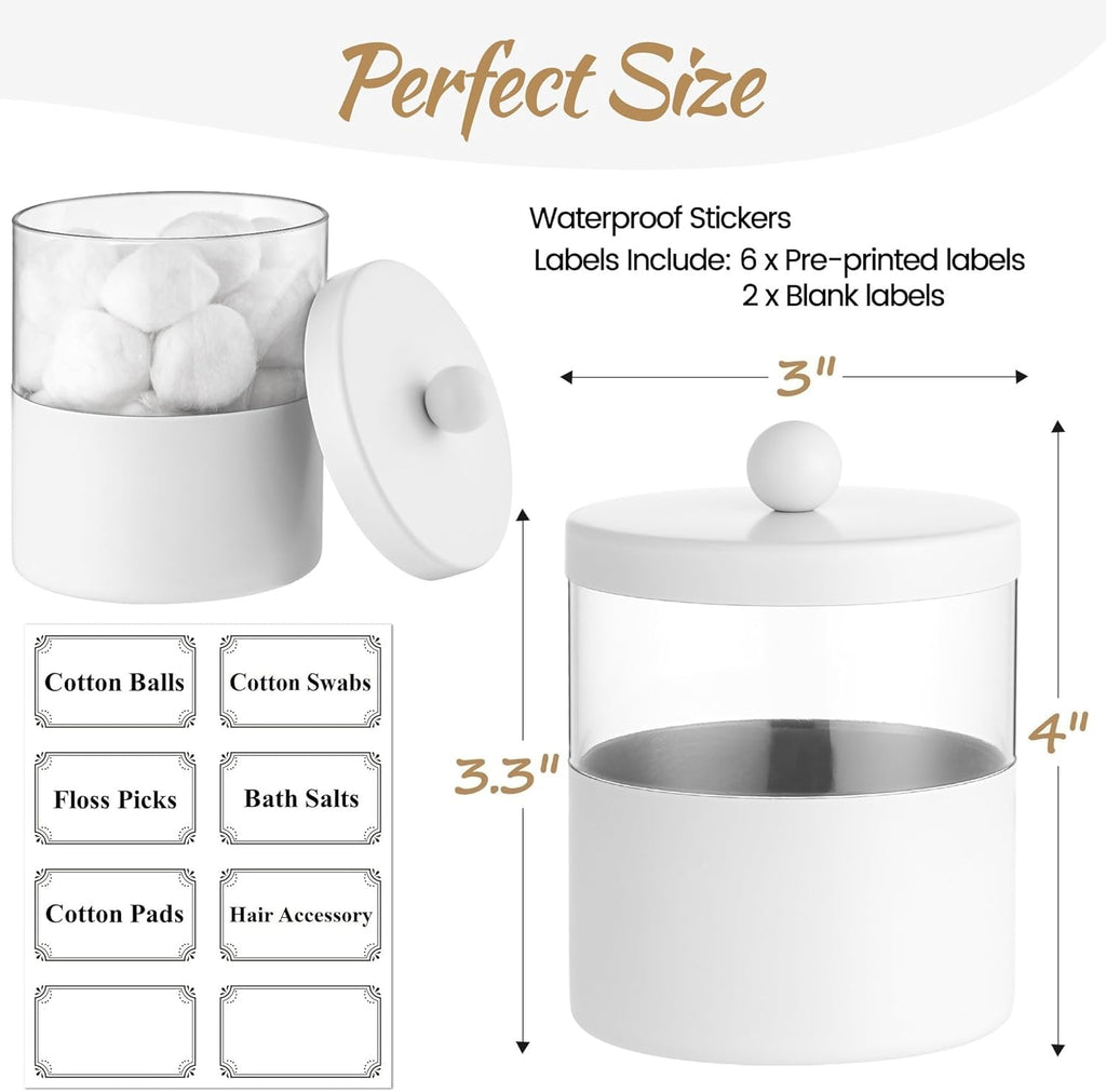 White Apothecary Jars, White Qtip Holder - Stainless Steel Bathroom Jar with Stickers - Farmhouse Decor Qtip Dispenser for Qtips, Cotton Balls, Swabs, Makeup Sponges (2-Pack)