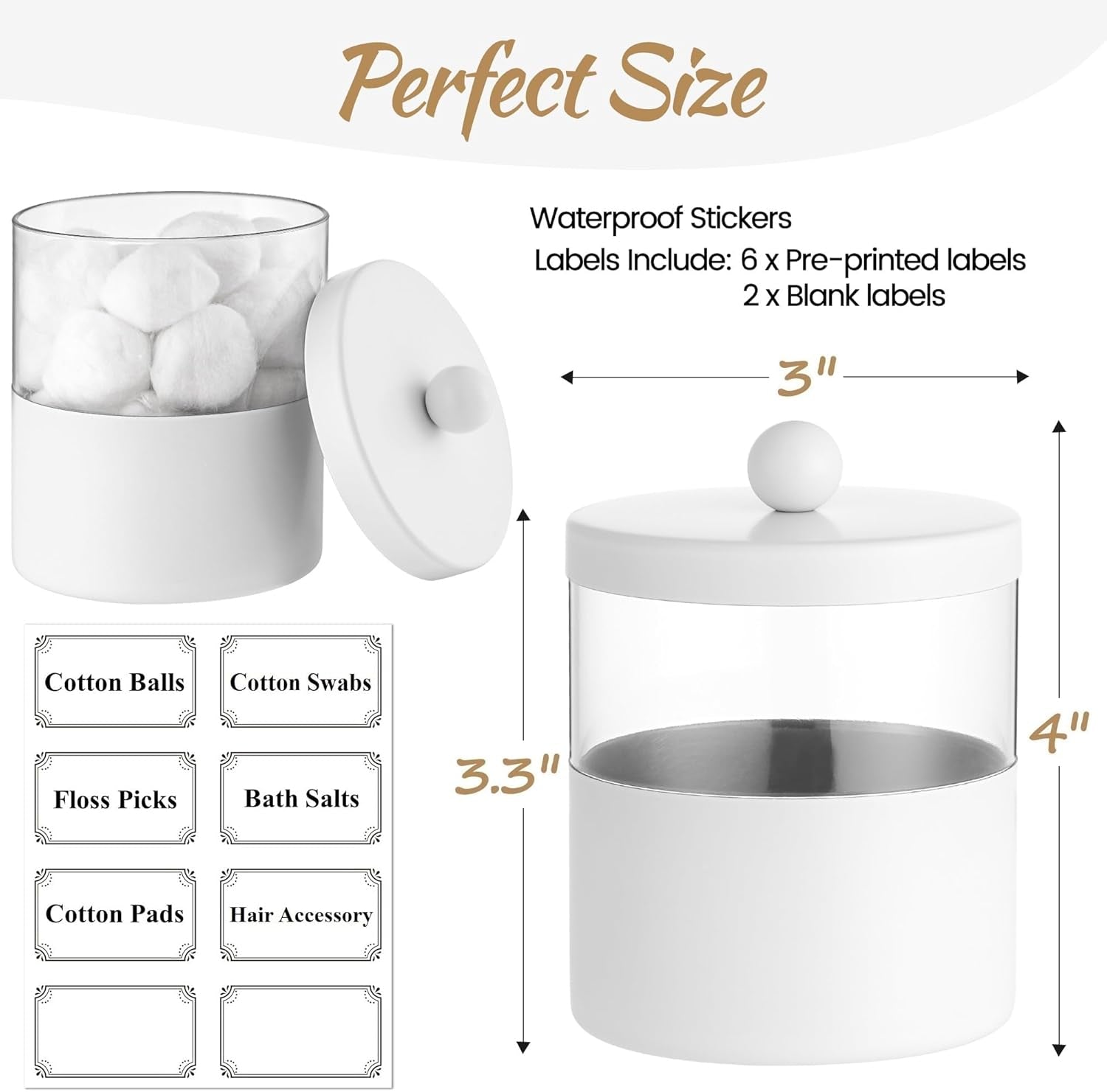 White Apothecary Jars, White Qtip Holder - Stainless Steel Bathroom Jar with Stickers - Farmhouse Decor Qtip Dispenser for Qtips, Cotton Balls, Swabs, Makeup Sponges (2-Pack)