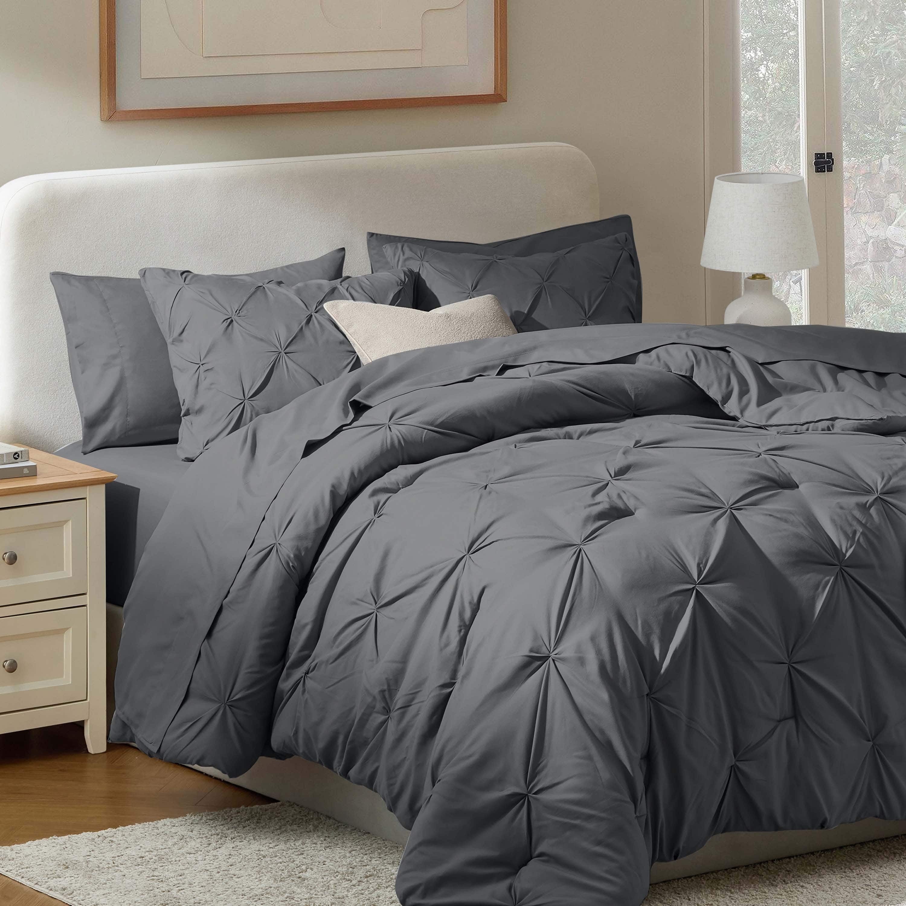 California King Comforter Set, Bed in a Bag 7 Pc Pleated Bedding Set, Dark Grey