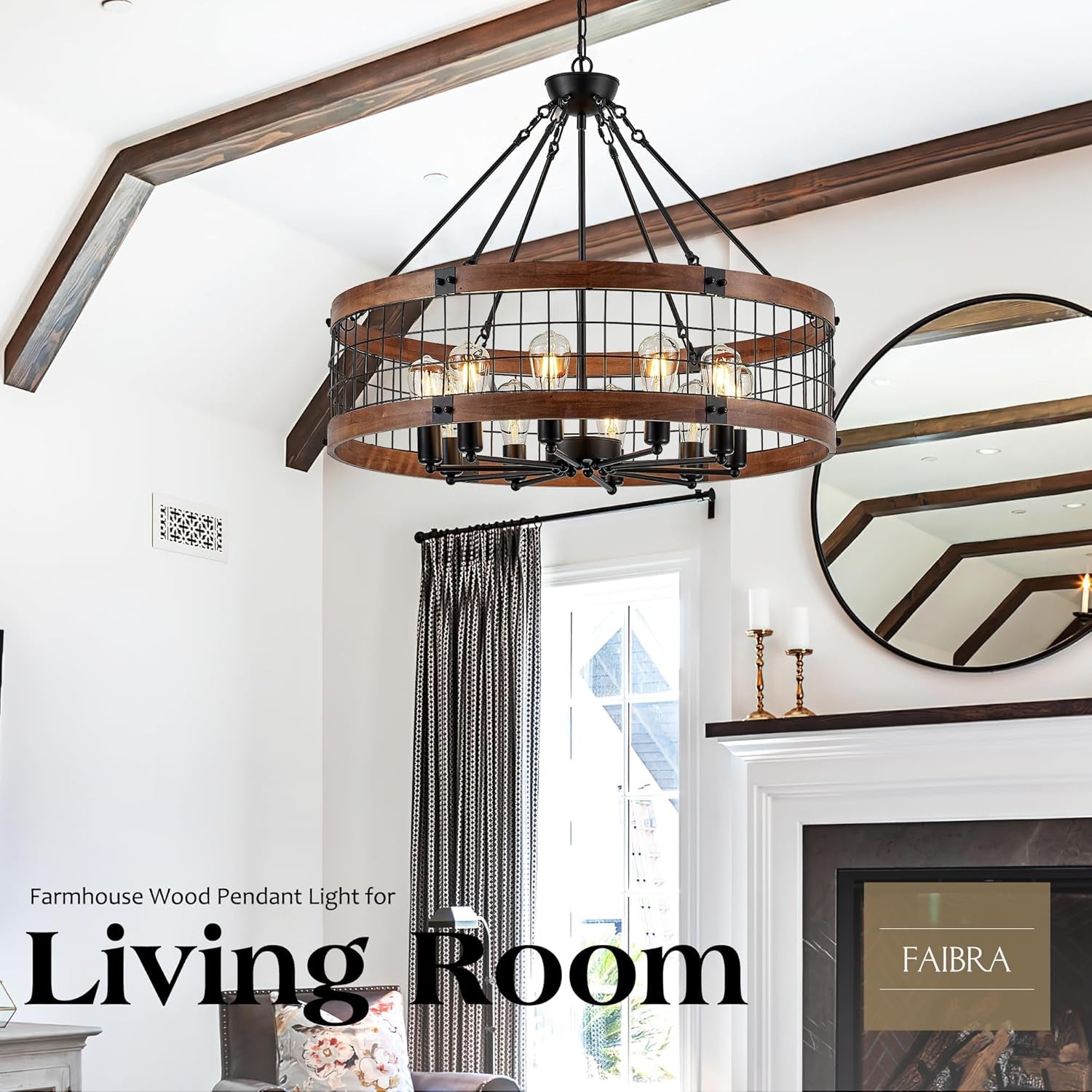 10-Light Farmhouse Drum Wood Pendant Light,32'' Vintage Rustic Brown Oak Wood Chandeliers,Retro Industrial Hanging Light Fixtures for Dining Room Entryway, Bedroom