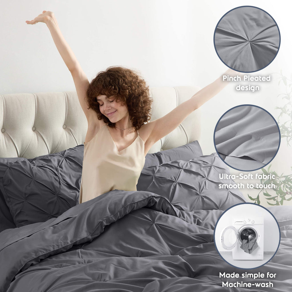 California King Comforter Set, Bed in a Bag 7 Pc Pleated Bedding Set, Dark Grey