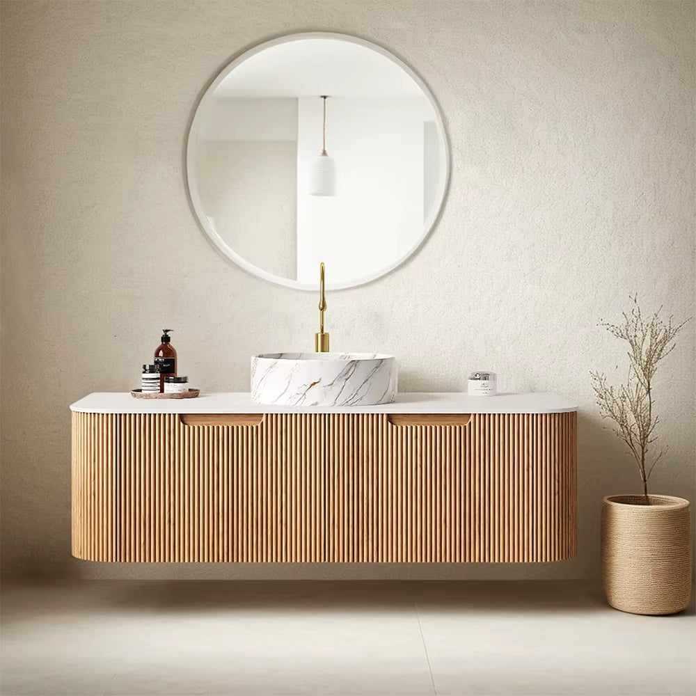 48 Inch Natural Oak Fluted Floating Bathroom Vanity Plywood Sintered Stone Countertop Ceramic Basin US Local Stock Homein