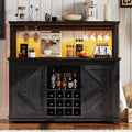 Farmhouse Coffee Bar Cabinet 55" – LED Lighting, Built-In Power Outlet, Sliding Barn Door, Buffet Sideboard with 12-Bottle Wine Rack, Glass Holder, Drawers, Ample Storage, Dining Room, All