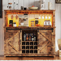 Farmhouse Coffee Bar Cabinet 55" – LED Light, Power Outlet & USB, Sliding Barn Door, 12-Bottle Wine Rack, 2 Drawers, Ample Storage, Buffet Sideboard for Dining Room, Brown