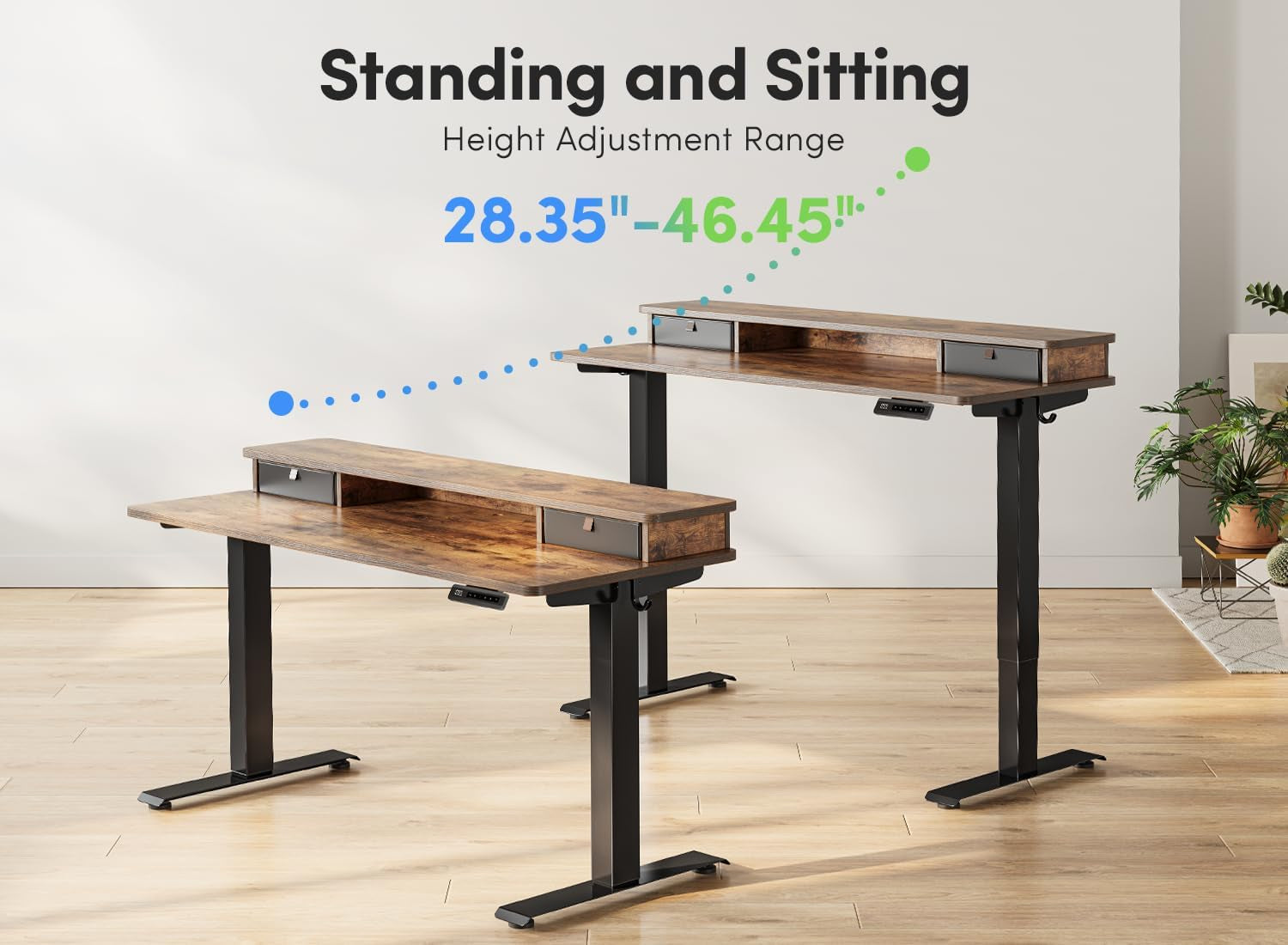 40 X 24 Inch Height Adjustable Electric Standing Desk with Double Drawer, Computer Desk, Home Office Stand up Table with 4 Height-Adjustable Feets & 2 Hooks, Rustic Brown