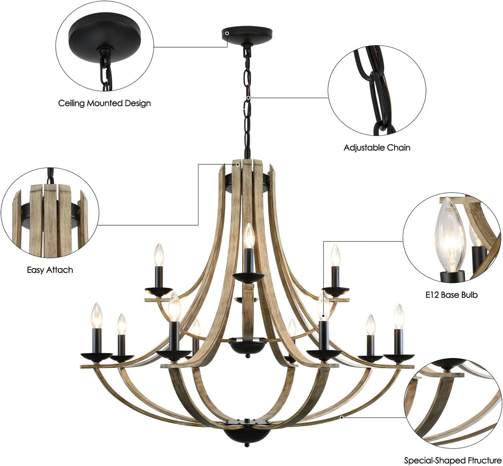 Farmhouse Chandeliers for Dining Room Light Fixture, 2 Tier 12-Light 41" Adjustable Height Retro Faux Wood Texture Rustic Light Fixtures for Living Room Bedroom Kitchen Island Foyer Entryway