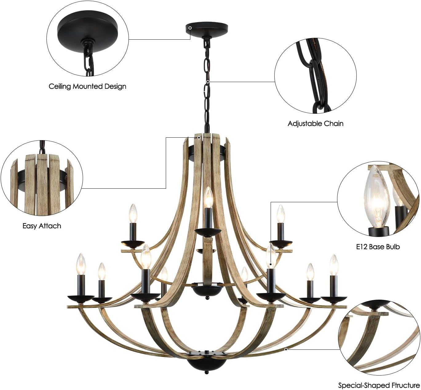 Farmhouse Chandeliers for Dining Room Light Fixture, 2 Tier 12-Light 41" Adjustable Height Retro Faux Wood Texture Rustic Light Fixtures for Living Room Bedroom Kitchen Island Foyer Entryway