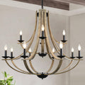 Farmhouse Chandeliers for Dining Room Light Fixture, 2 Tier 12-Light 41" Adjustable Height Retro Faux Wood Texture Rustic Light Fixtures for Living Room Bedroom Kitchen Island Foyer Entryway