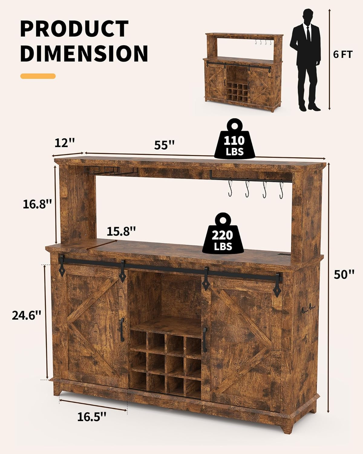 Farmhouse Coffee Bar Cabinet 55" – LED Light, Power Outlet & USB, Sliding Barn Door, 12-Bottle Wine Rack, 2 Drawers, Ample Storage, Buffet Sideboard for Dining Room, Brown
