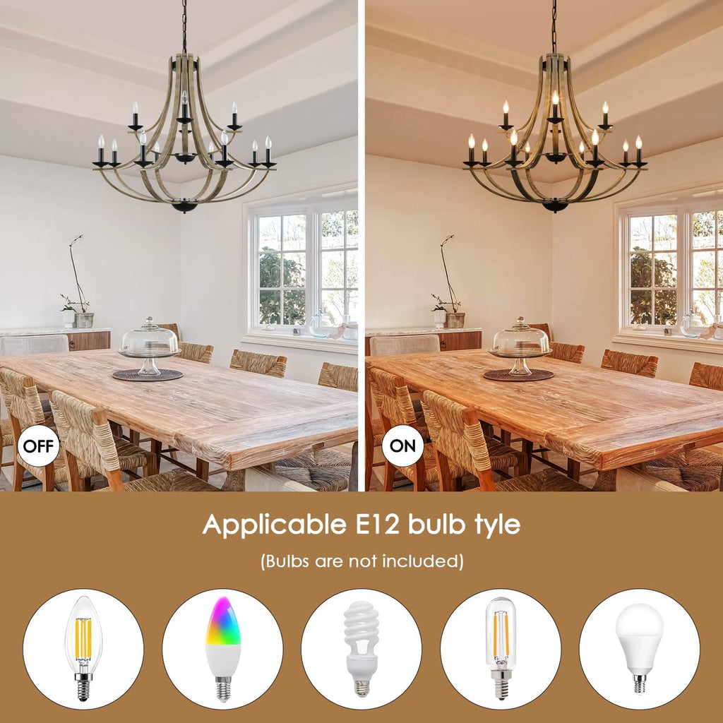 Farmhouse Chandeliers for Dining Room Light Fixture, 2 Tier 12-Light 41" Adjustable Height Retro Faux Wood Texture Rustic Light Fixtures for Living Room Bedroom Kitchen Island Foyer Entryway