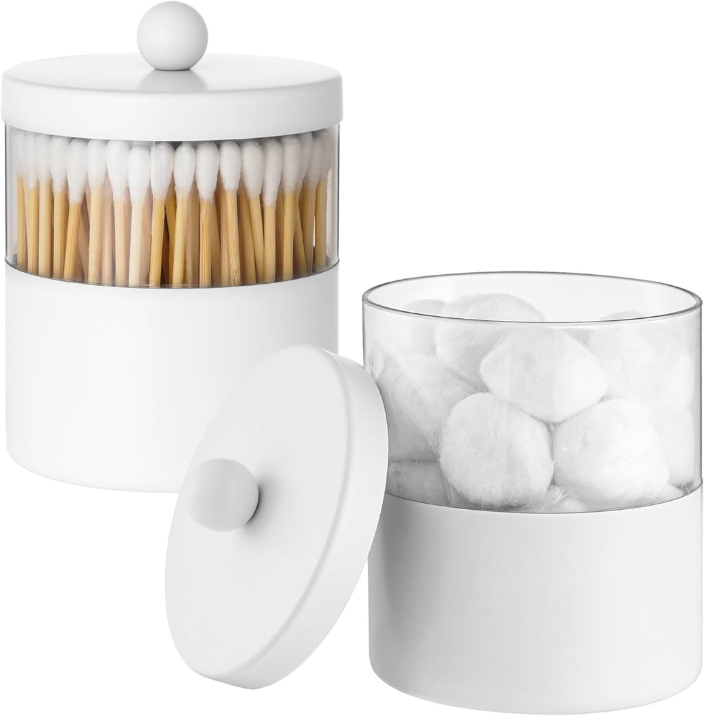 White Apothecary Jars, White Qtip Holder - Stainless Steel Bathroom Jar with Stickers - Farmhouse Decor Qtip Dispenser for Qtips, Cotton Balls, Swabs, Makeup Sponges (2-Pack)