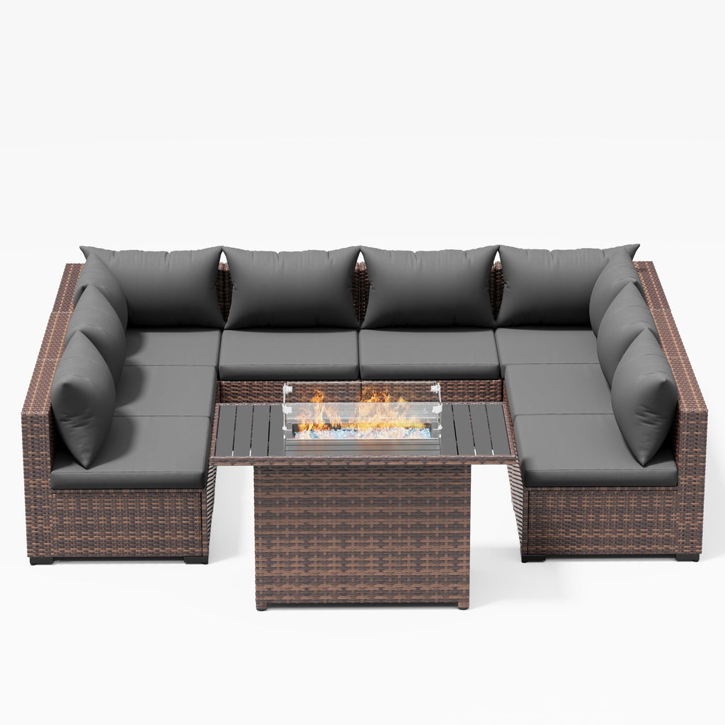 Patio Furniture Set, Outdoor Patio Furniture Wicker Sectional Furniture Couch Set, 9 Pieces Outdoor Sectional Sofa with Fire Pit Table, Outdoor Patio Set for Outdoor Furniture (Grey)
