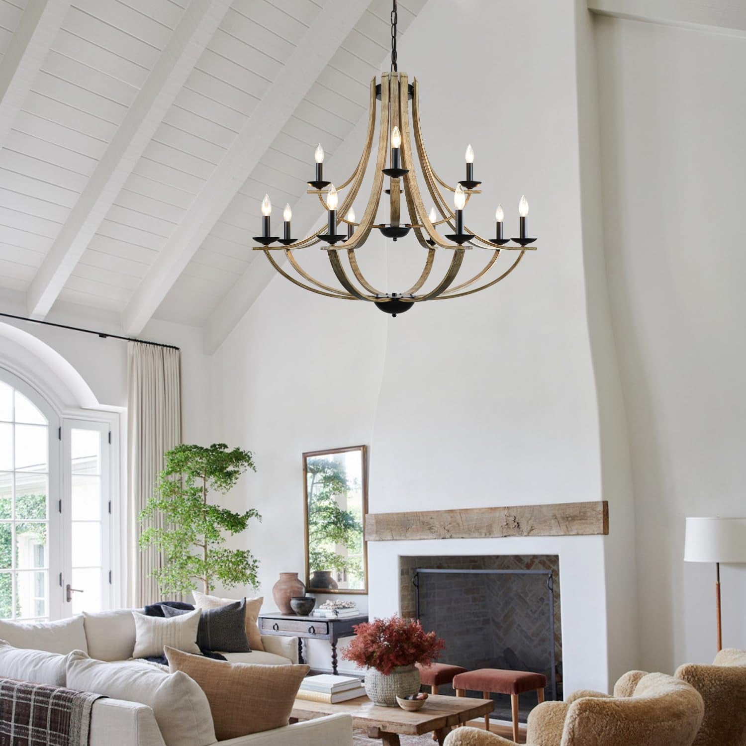 Farmhouse Chandeliers for Dining Room Light Fixture, 2 Tier 12-Light 41" Adjustable Height Retro Faux Wood Texture Rustic Light Fixtures for Living Room Bedroom Kitchen Island Foyer Entryway